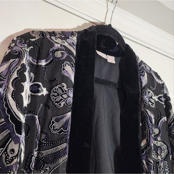 Chicos Travelers Black And Gray Paisley Print Velvet Open Front Long Cardigan M - Picture 2 of 7